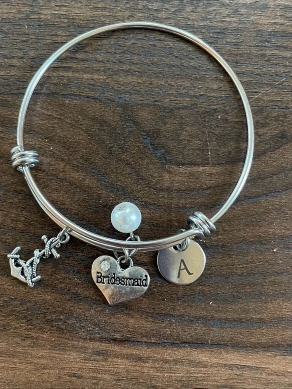 Bridesmaid Silver Charm Bangle Bracelet with “A” Initial and Pearl